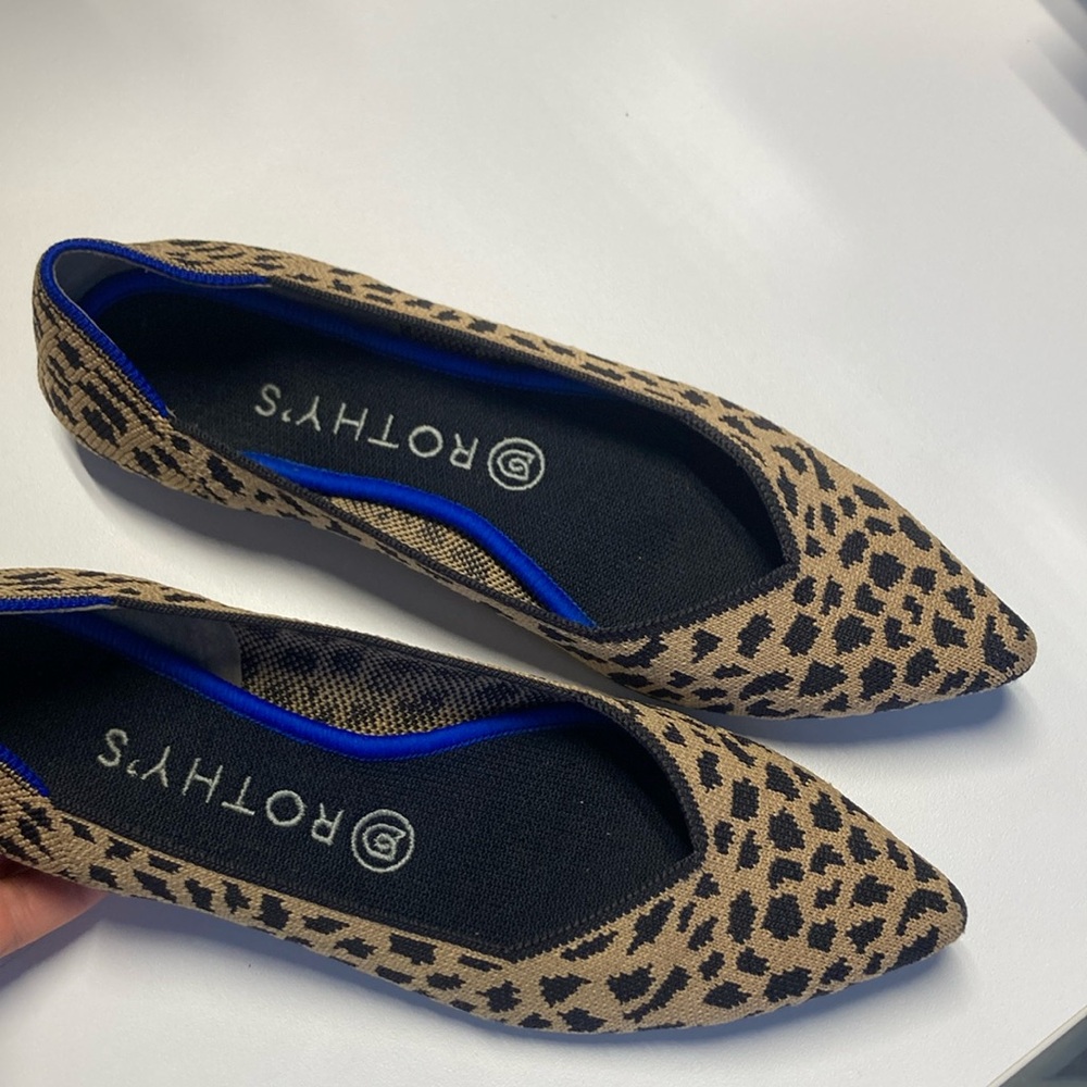 Rothy's Tan and Black Patterned Flats with Blue Accent